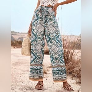 Women's Boho Scarf Print Elastic and Belted Loose Wide Leg Palazzo Pants